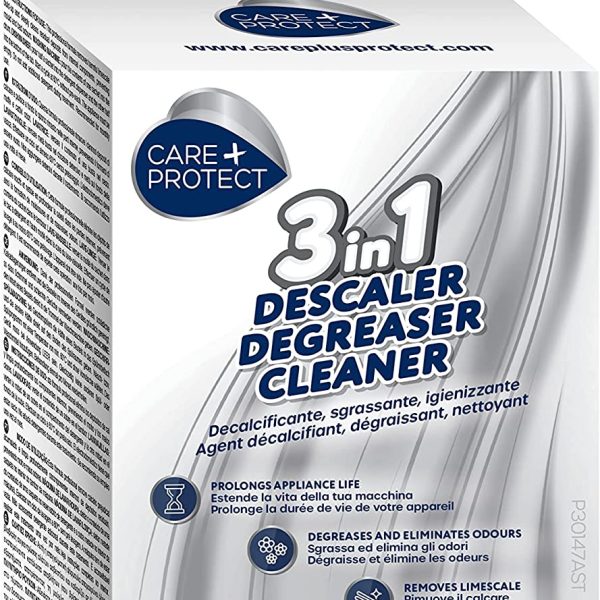 CARE + PROTECT 3 in 1 Anticalcare, Sgrassante e Igienizzante, per Lavastoviglie e Lavatrice, Universale, Originale, Professionale, in Polvere, 6 Bustine