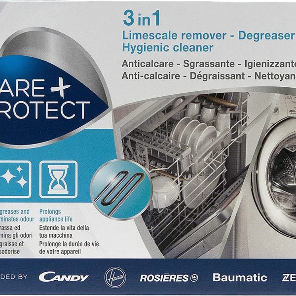 CARE + PROTECT 3 in 1 - 12 Bustine Anticalcare, Sgrassante e Igienizzante, per Lavastoviglie e Lavatrice, Universale, Originale, Professionale, in Polvere,