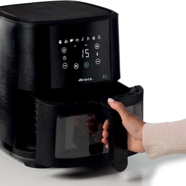 Ariete 4626 Friggitrice ad aria 6L, 1300 W, Capacità 6L, Capacità di cottura 2,5kg, 8 programmi preimpostati, Temperatura fino a 200°, Cestello trasparente per controllo cottura, Nero