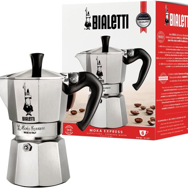 Bialetti Caffettiera Moka Express 6 Tazze Manico anti scottatura 270ml Alluminio