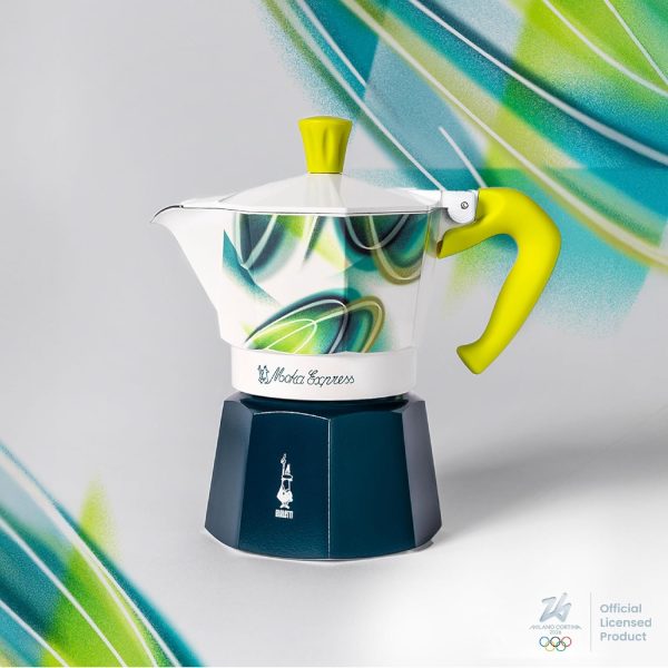 Bialetti Moka Express da 3 Tazze (130 ml) MICO, Edizione Speciale Milano Cortina 2026, Caffettiera in Alluminio, Non adatta a Induzione, Manico Ergonomico anti scottatura