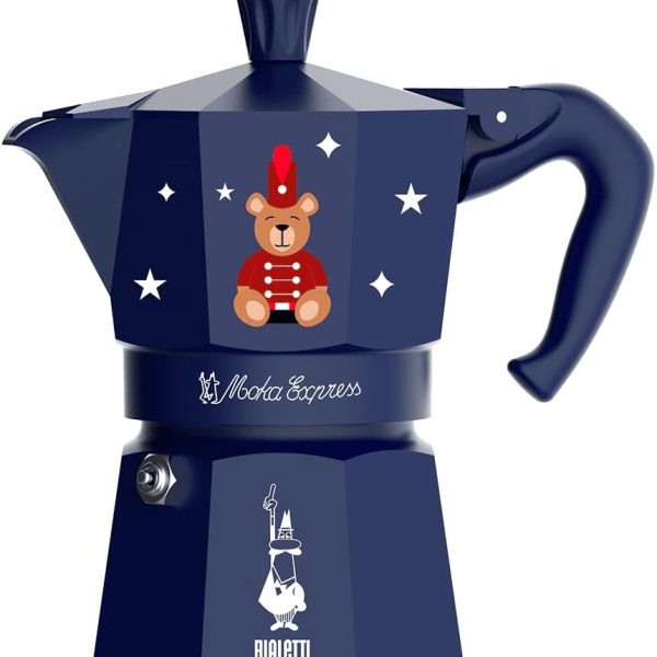 Bialetti Moka Express Natale 2025, Caffettiera Blu 3 Tazze Orsetto, Edizione Speciale Joyful Memories, 130ml in Alluminio