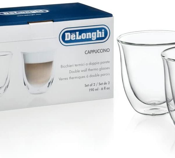2 BICCHIERI VETRO CAPPUCCINO DE LONGHI DLSC311 190ML -6 FL.OZ. DOPPIA PARETE SOFFIATI A MANO