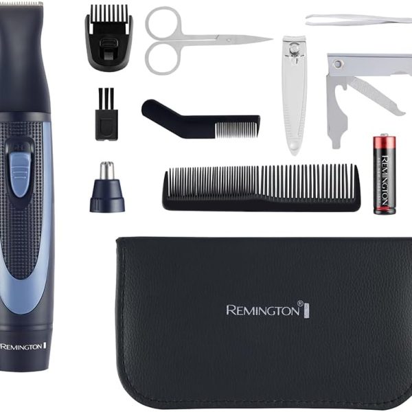Remington NE3890 Rasoio Trimmer per Naso & Orecchie Uomini (Barba, Capelli dell'Orecchio, del Viso e Sopracciglia, 2 Accessori, Trimmer di Precisione, Lame Acciaio Inox, a Batteria, Kit 13 Pezzi, Custodia)