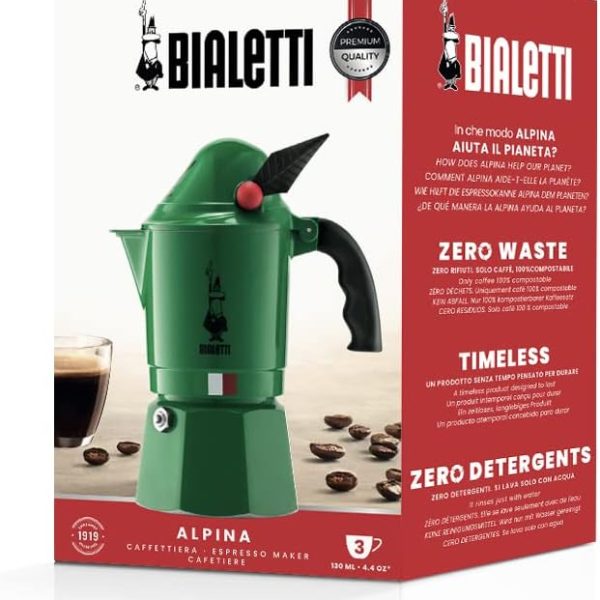 Bialetti Caffettiera New Break Alpina, Manico Anti Scottatura, In Onore Del Corpo Degli Alpini, Non Adatta a Induzione, 3 Tazze (130 ml), Alluminio, Verde