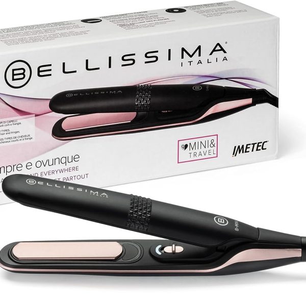 Bellissima Imetec B-Mini Piastra Mini da Borsa e da Viaggio, per Capelli corti, ciuffi e frange, Compatta, Leggera, Rivestimento in Ceramica, Temperatura 200°C, Multivoltaggio Automatico, Beauty Bag