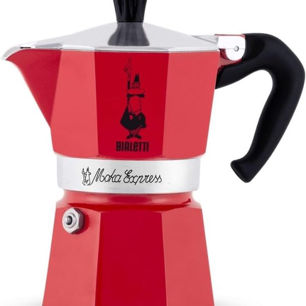 Bialetti Moka Express Color, 6 Tazze, Non adatta a induzione, Alluminio Rosso