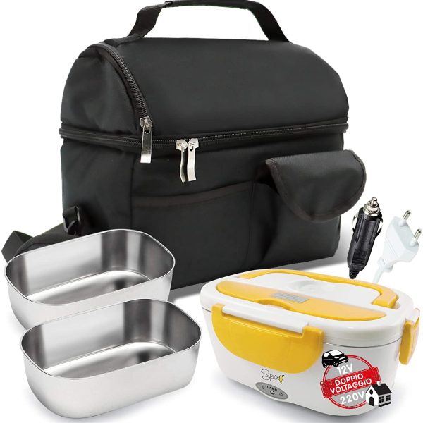SPICE SPP013-DVSETBAG - Set Borsa Termica tracolla + Scaldavivande Doppio Voltaggio Amarillo inox + 2 vaschette da 1,5 Litri in acciao Inox